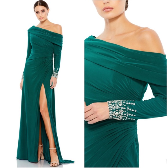 MAC DUGGAL Beaded Cuff Drop Shoulder Faux Wrap Gown NEW Size 12 Emerald Green - Picture 1 of 13